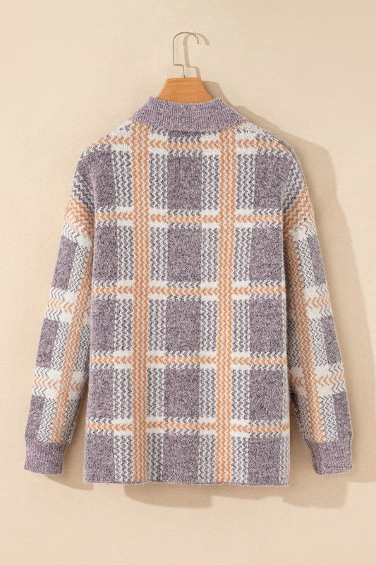 Plaid Button-Up Collared Fuzzy Cardigan