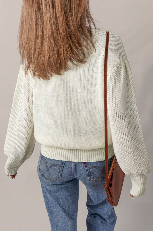 Floral Textured Puff Sleeve Round Neck Sweater
